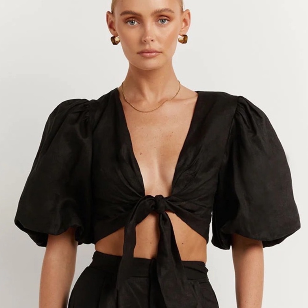 Dissh 100% black linen hallie puff sleeve shirt